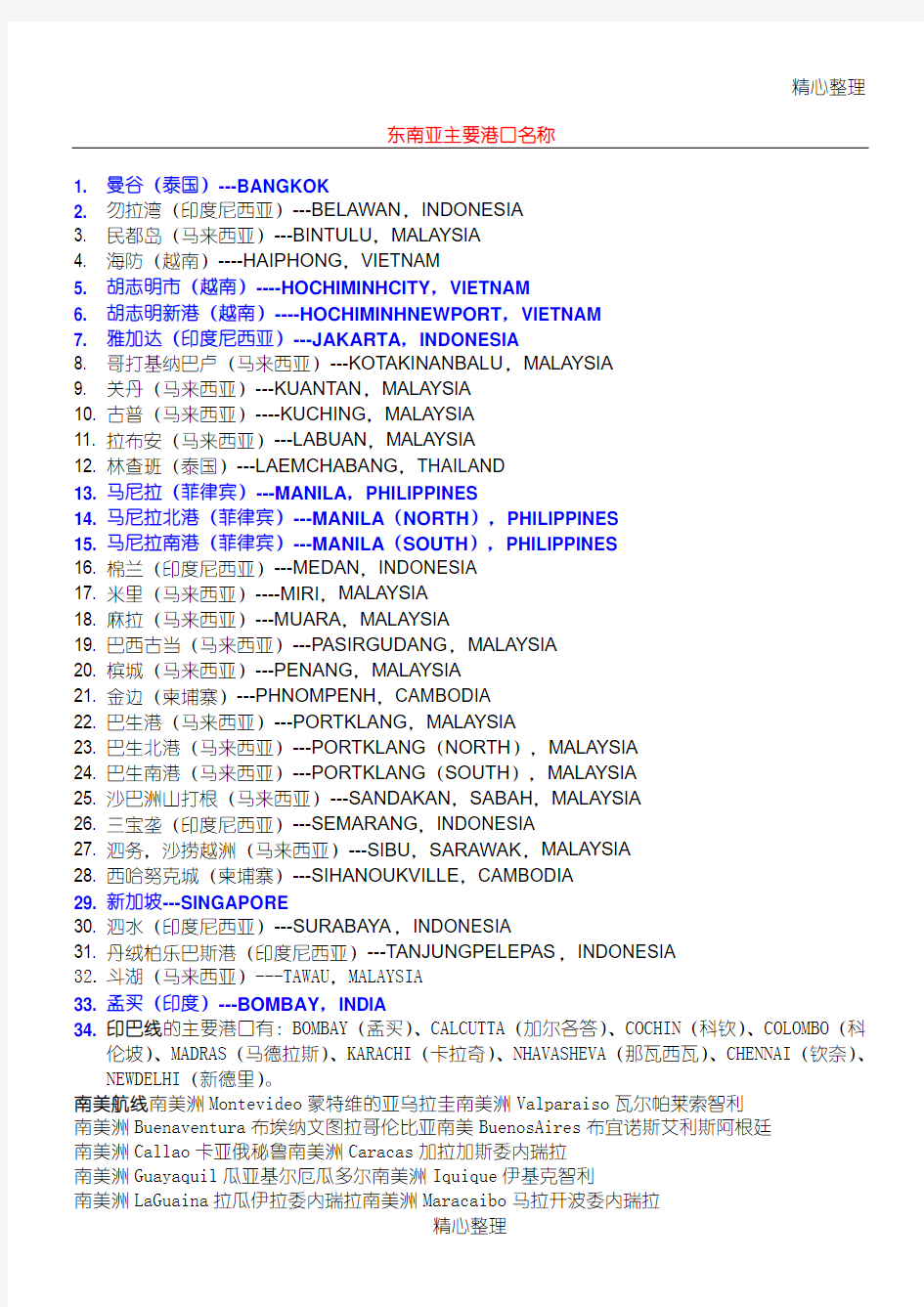 东南亚主要港口名称以及世界各航线主要港口