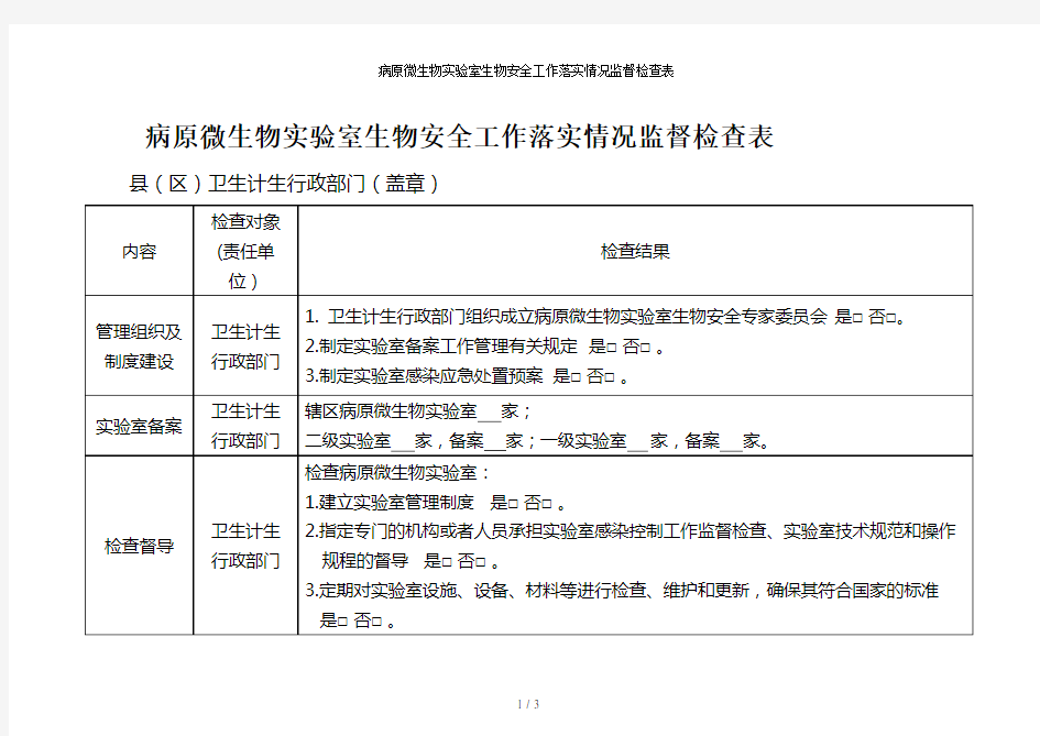 病原微生物实验室生物安全工作落实情况监督检查表