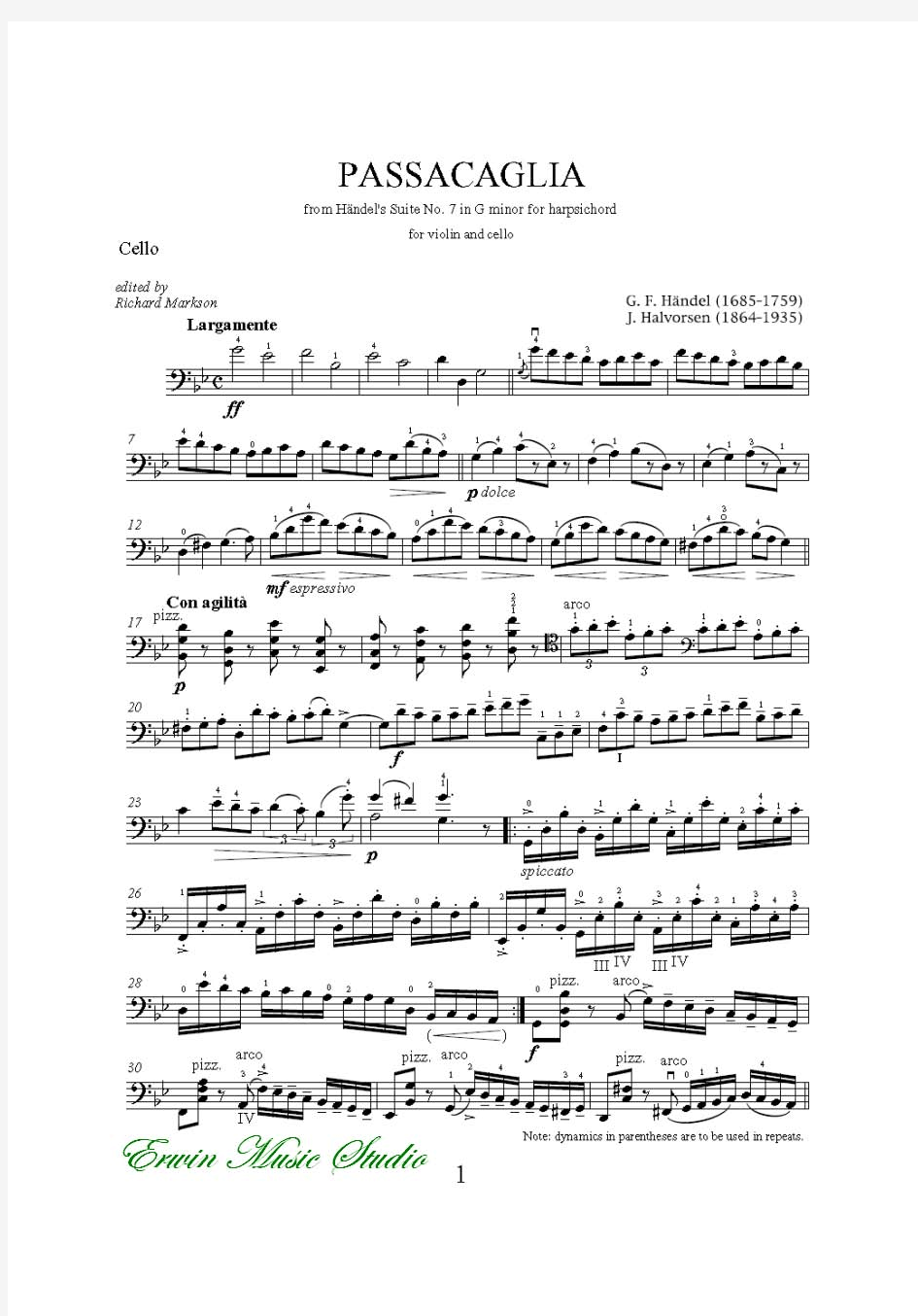 亨德尔 - J.Halvorsen 《Passacaglia 》小提琴曲谱+大提琴曲谱 Cello  G[1].F.Handel-J.Halvorsen - Pass