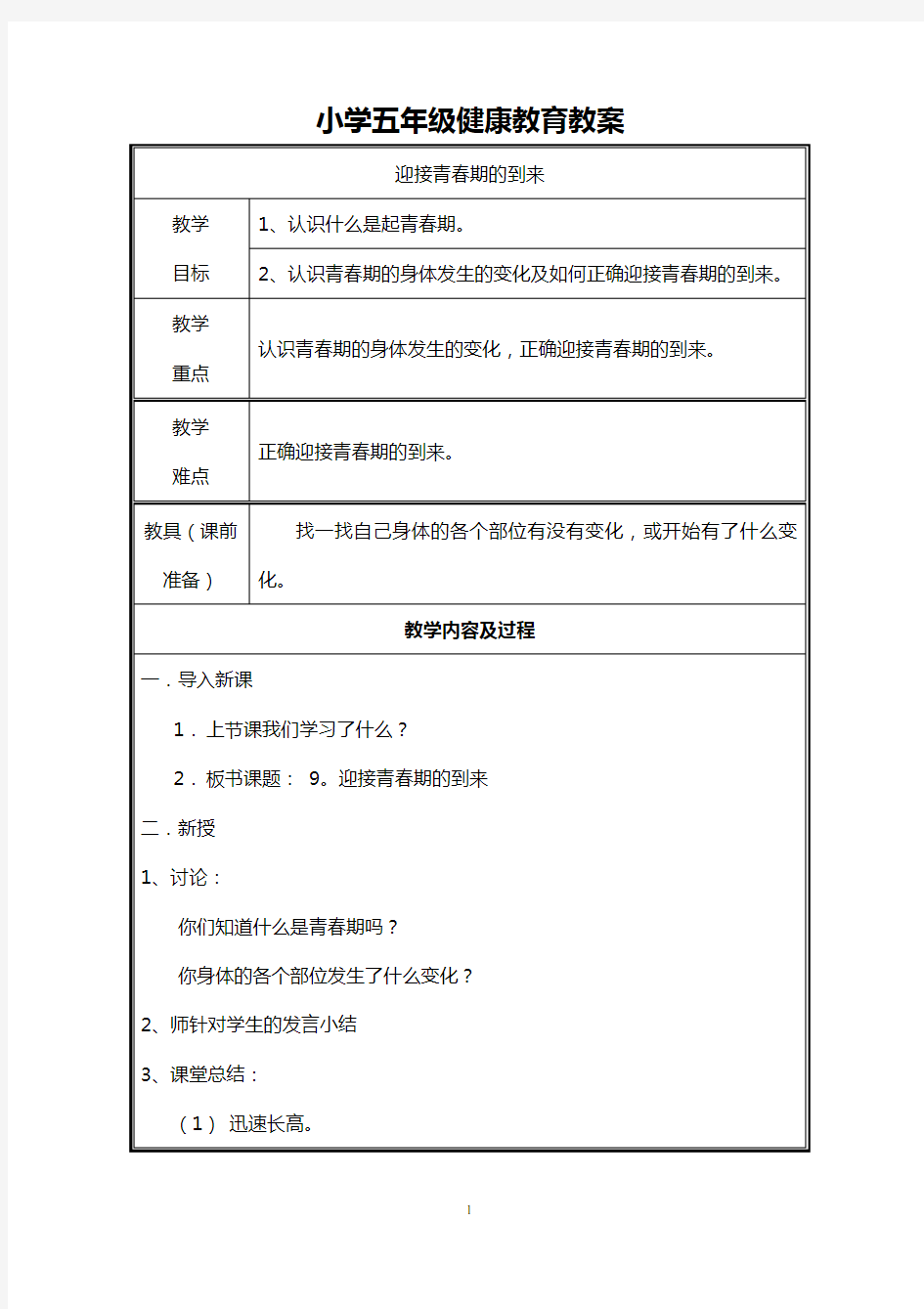 小学五年级健康教育教案