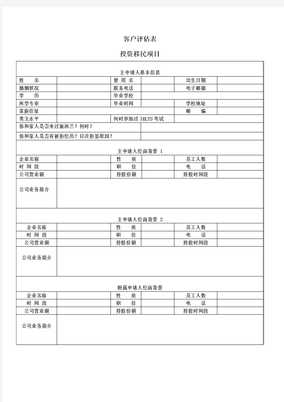 新西兰投资移民评估表2017