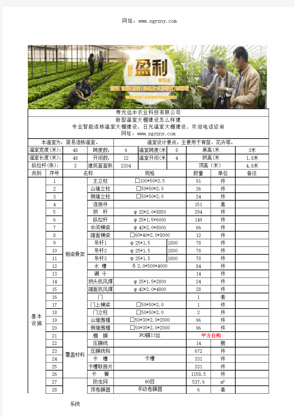 2304平方简易连栋温室大棚建设材料详单