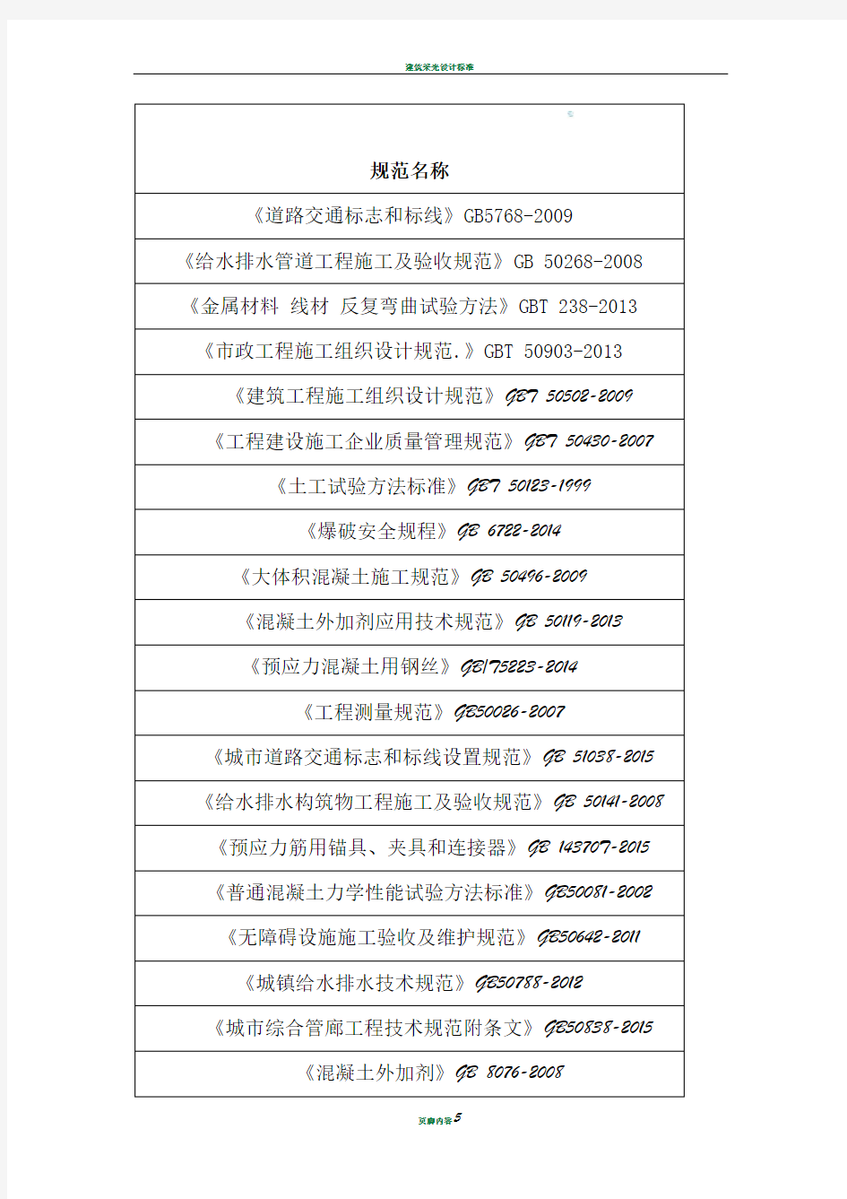 最新市政工程常用规范清单2018