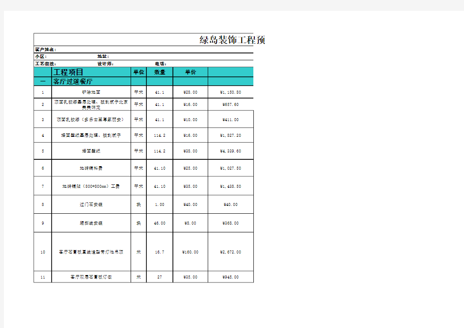 家装预算表