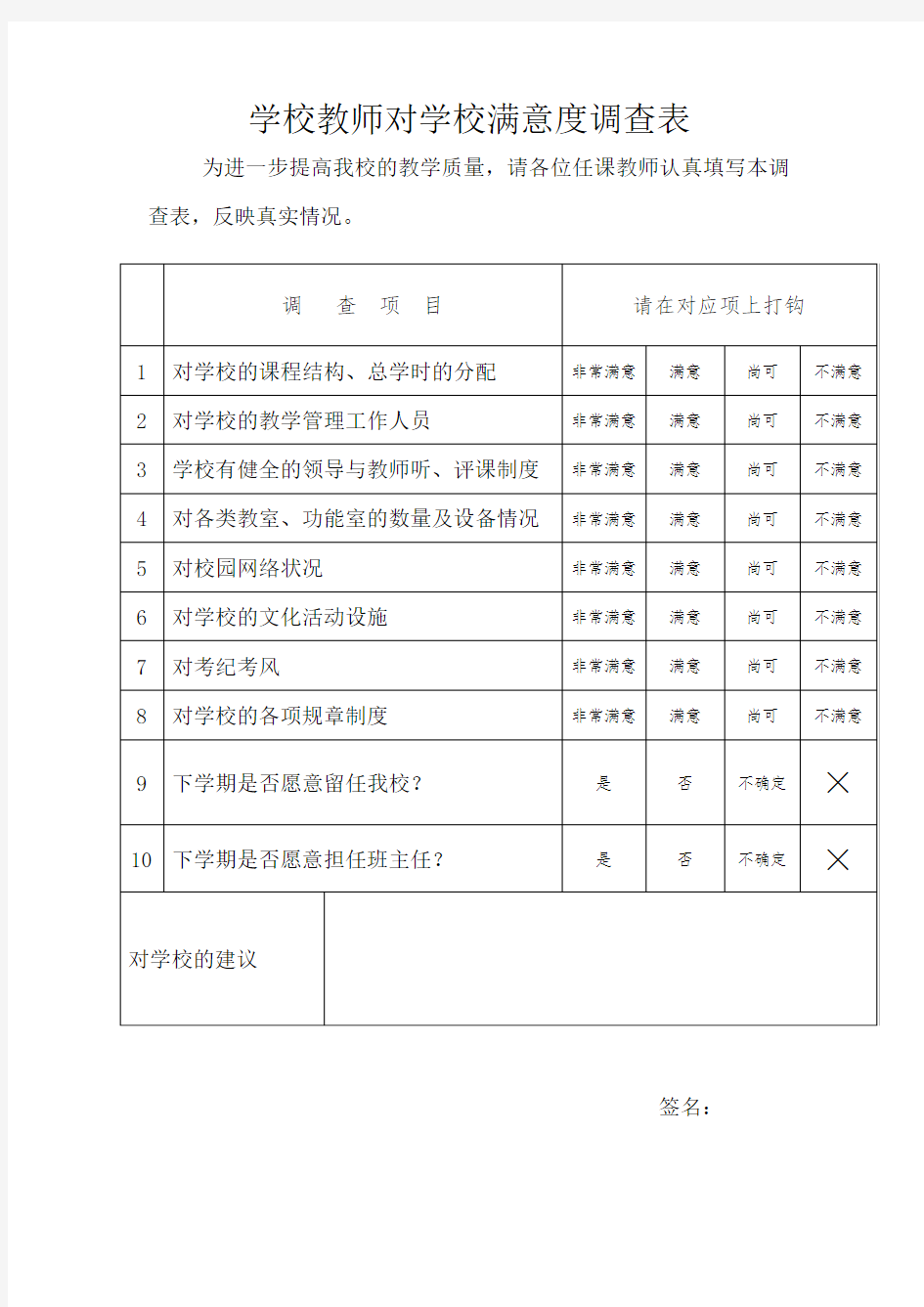 教师对学校满意度调查表