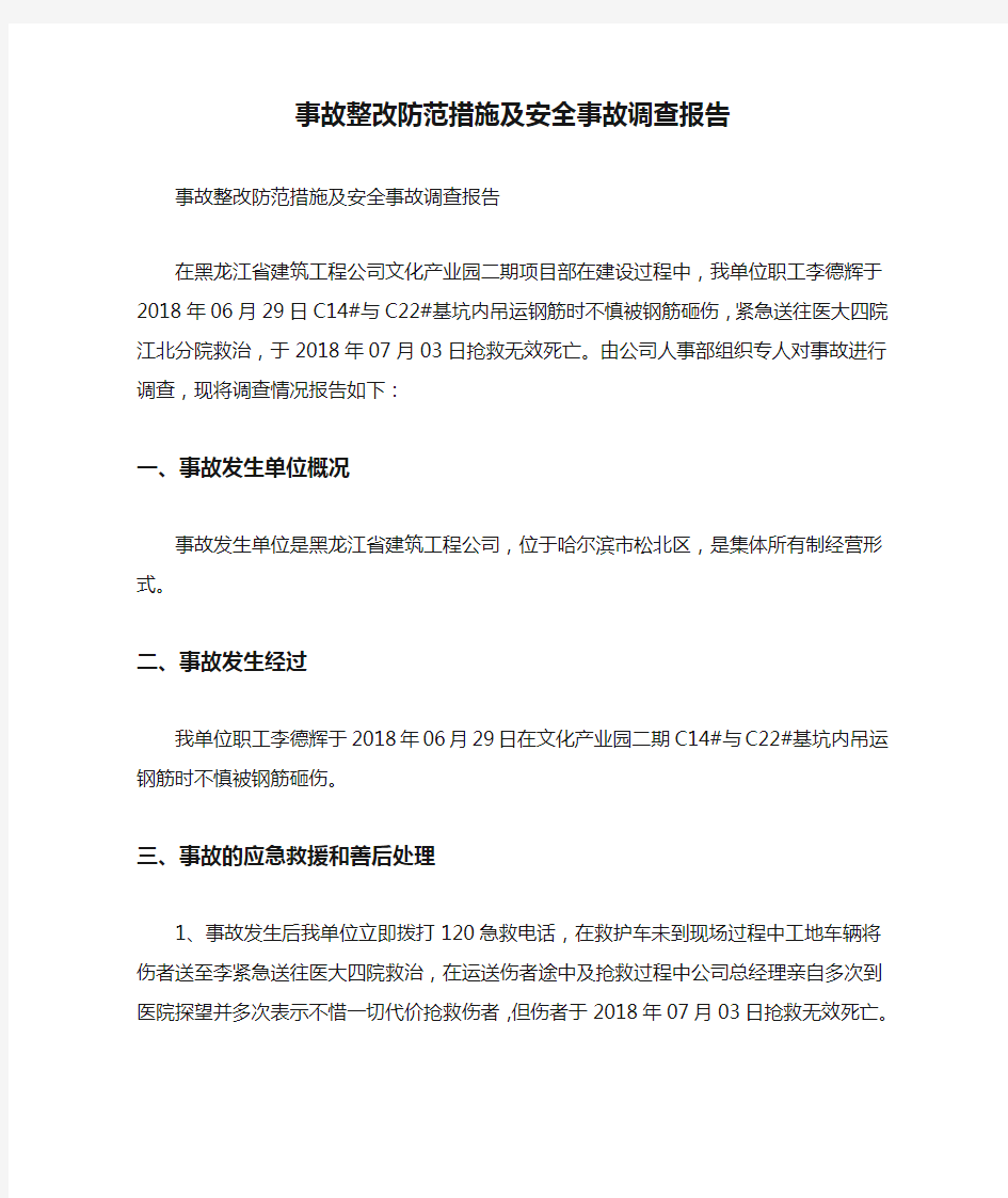 事故整改防范措施及安全事故调查报告