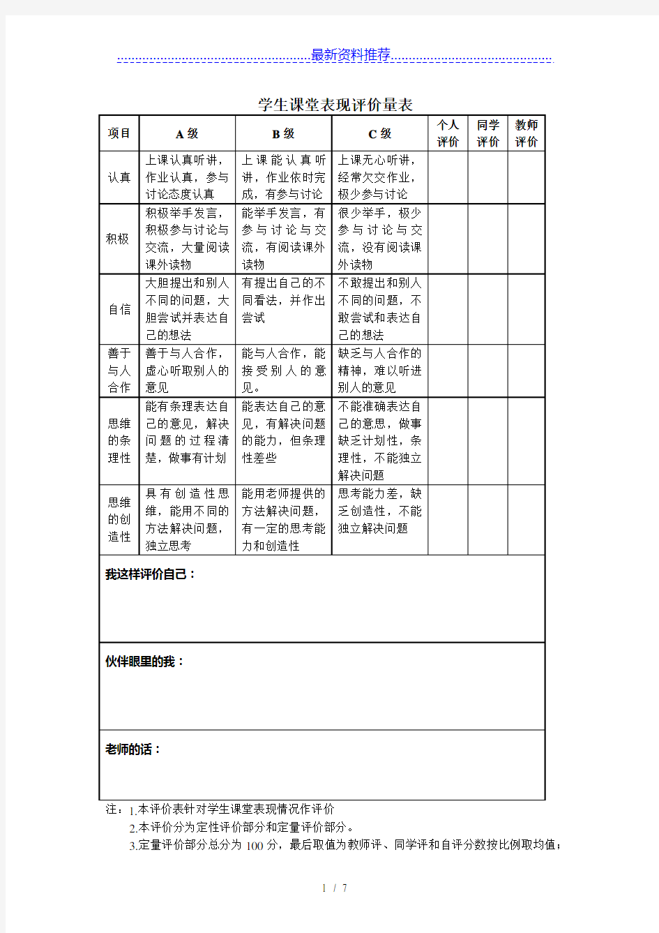 学生课堂表现评价量表