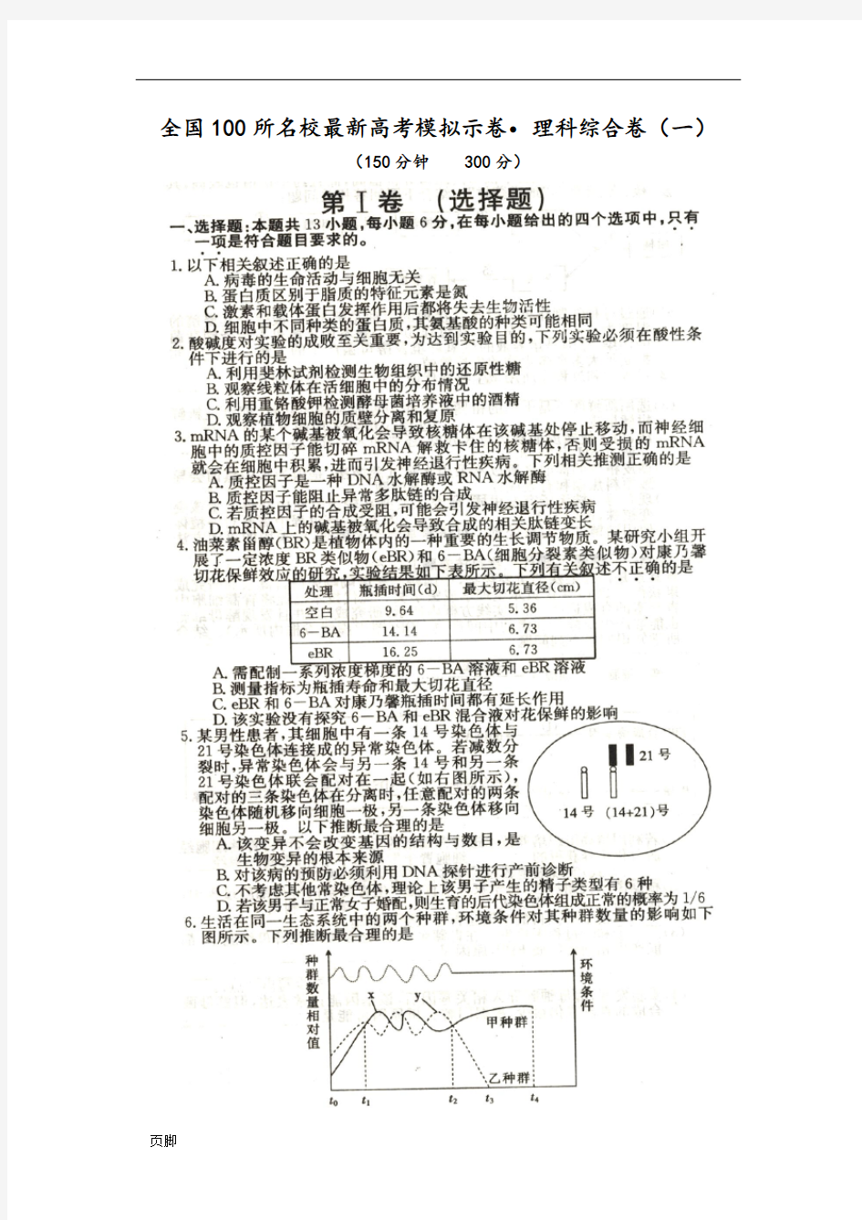 全国100所名校最新高考模拟示范卷理科综合卷(一)