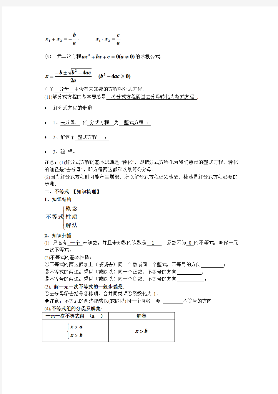 (完整版)中考数学方程组与不等式组复习知识点总结及经典考题选编,推荐文档