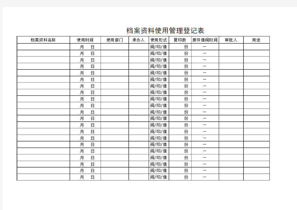 档案资料使用管理登记表