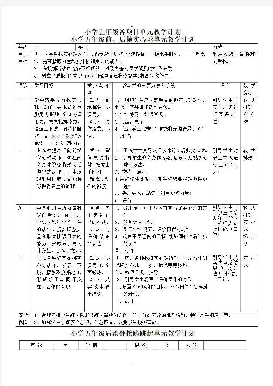 小学体育五年级各项目单元教学计划