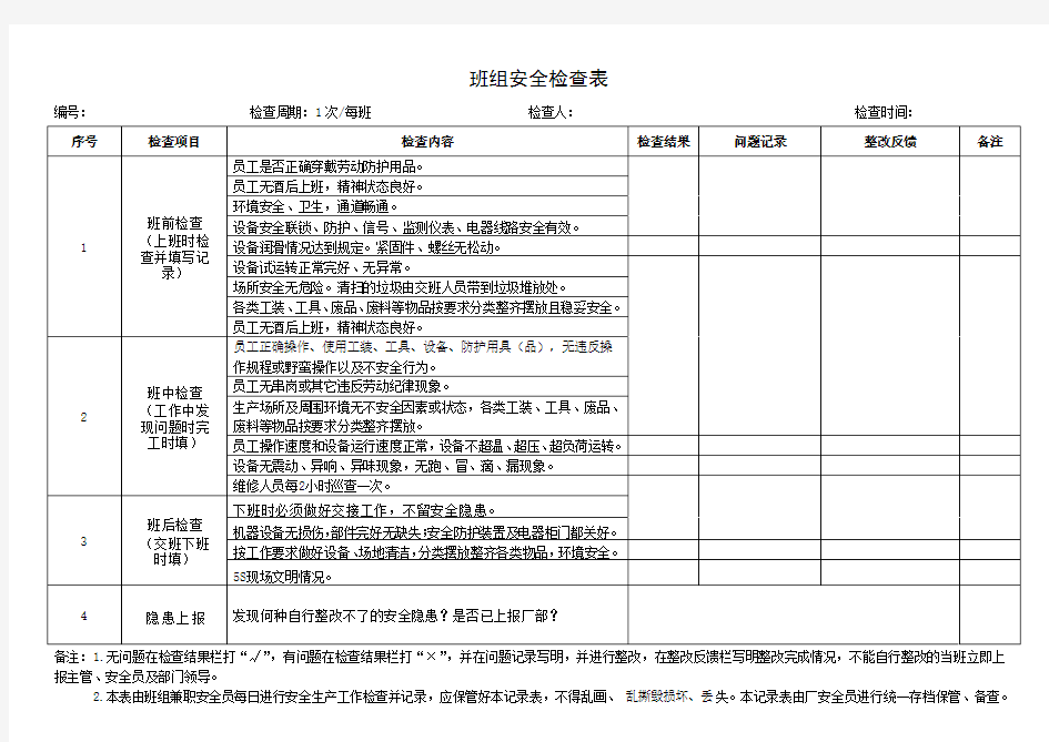 班组安全检查表