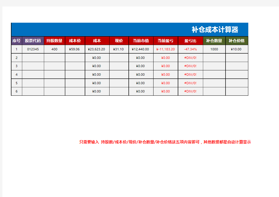 股票盈利亏损与补仓成本多功能计算器