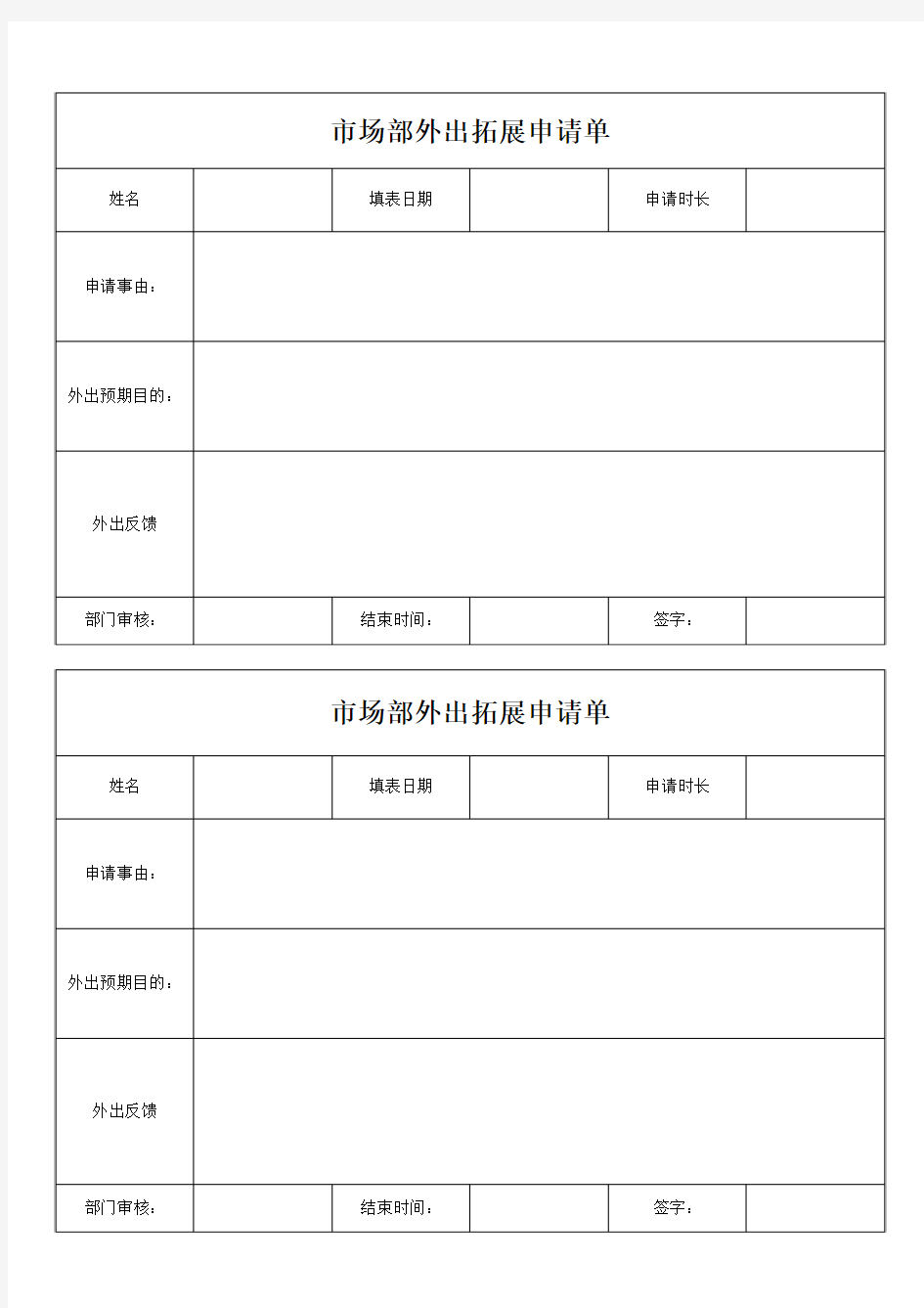 市场部外出拓展申请单