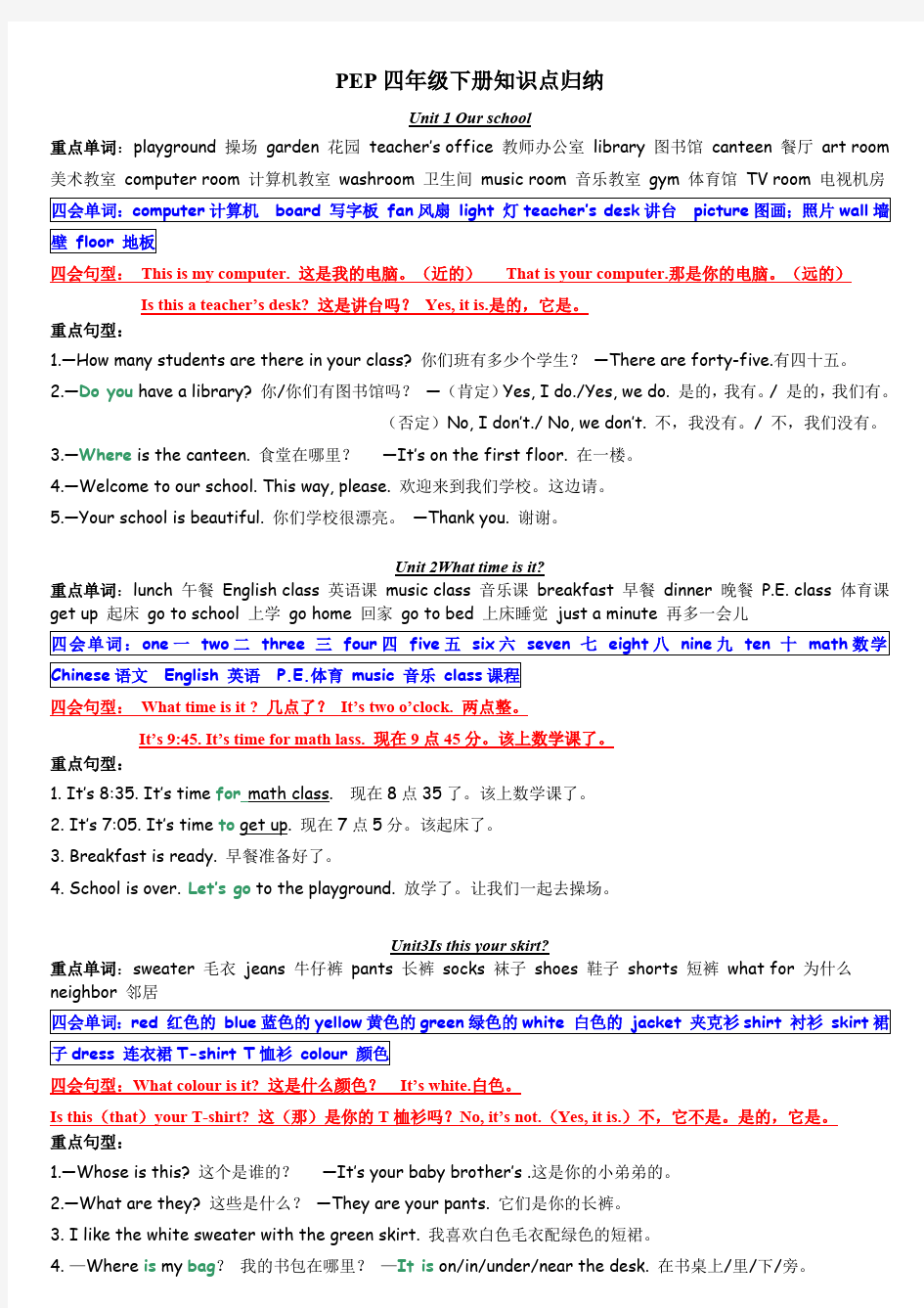 PEP小学英语四年级下册知识点归纳(最新整理)