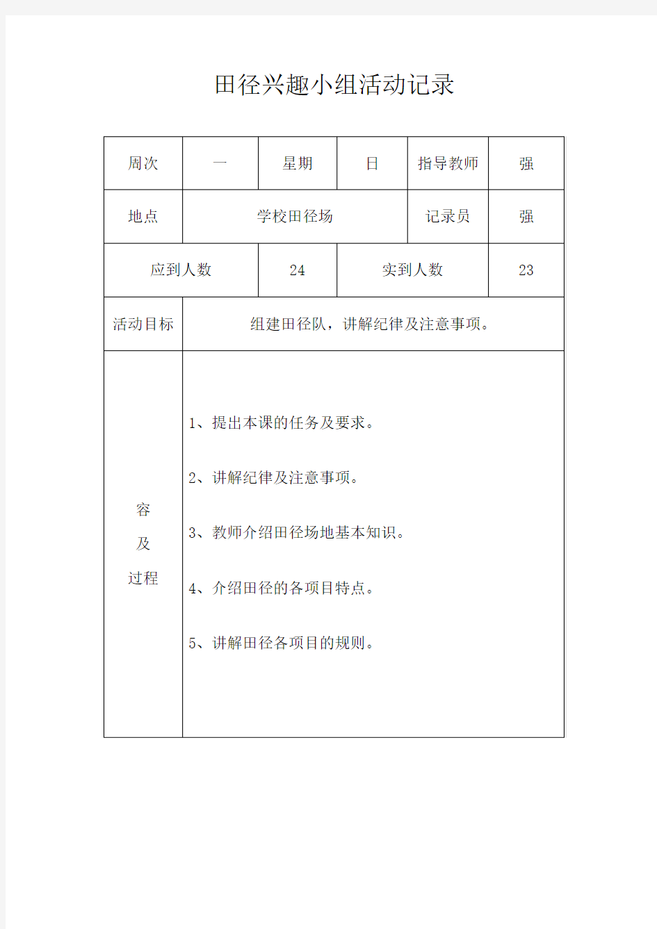 连云港路小学少年宫田径队组活动记录文本