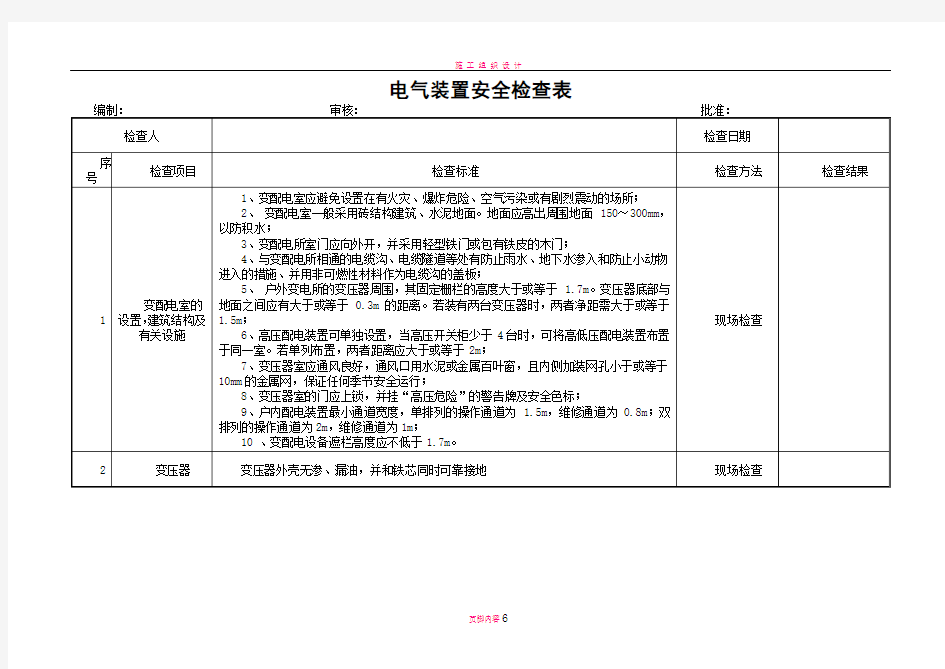 电气装置安全检查表