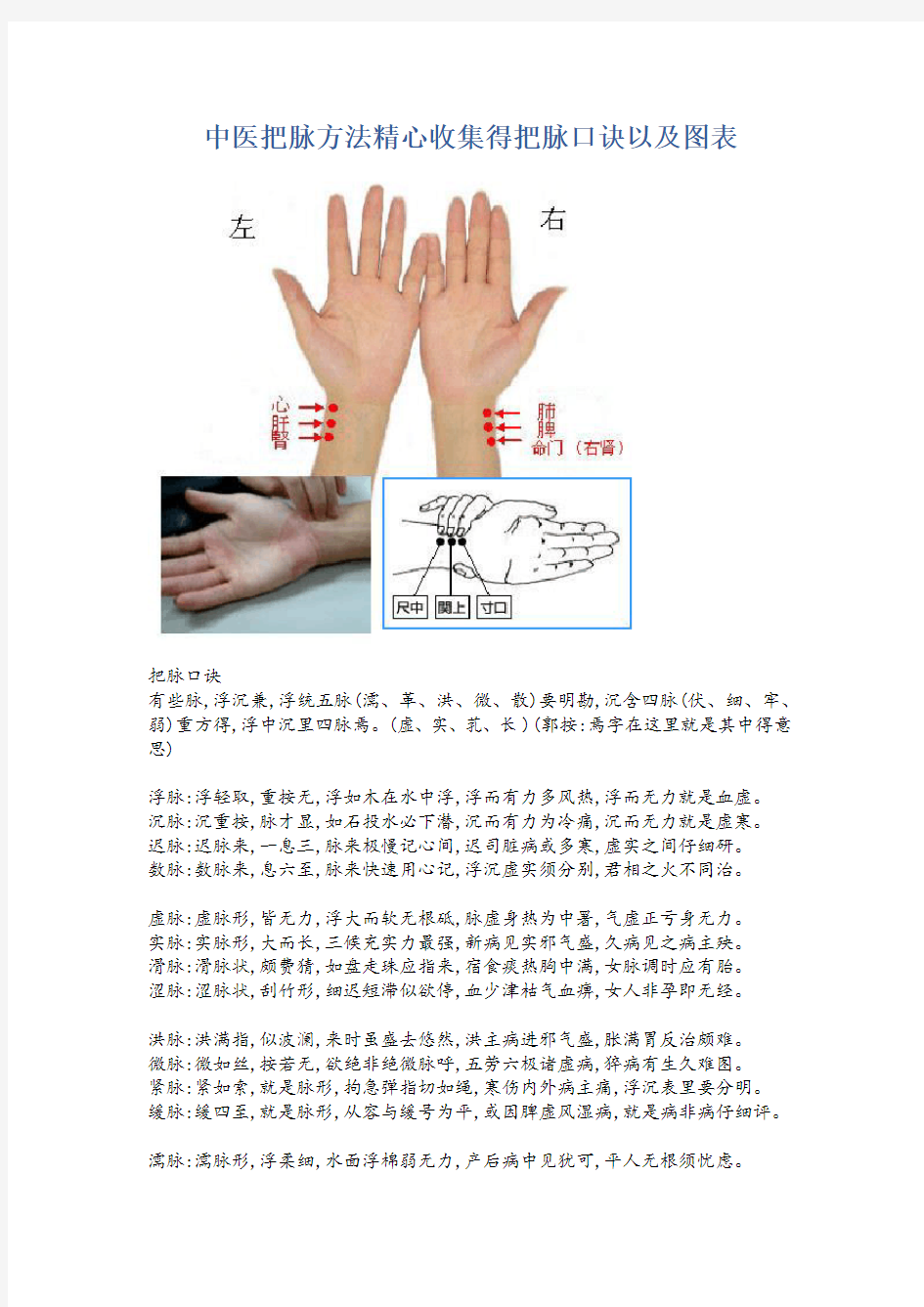 中医把脉方法精心收集的把脉口诀以及图表