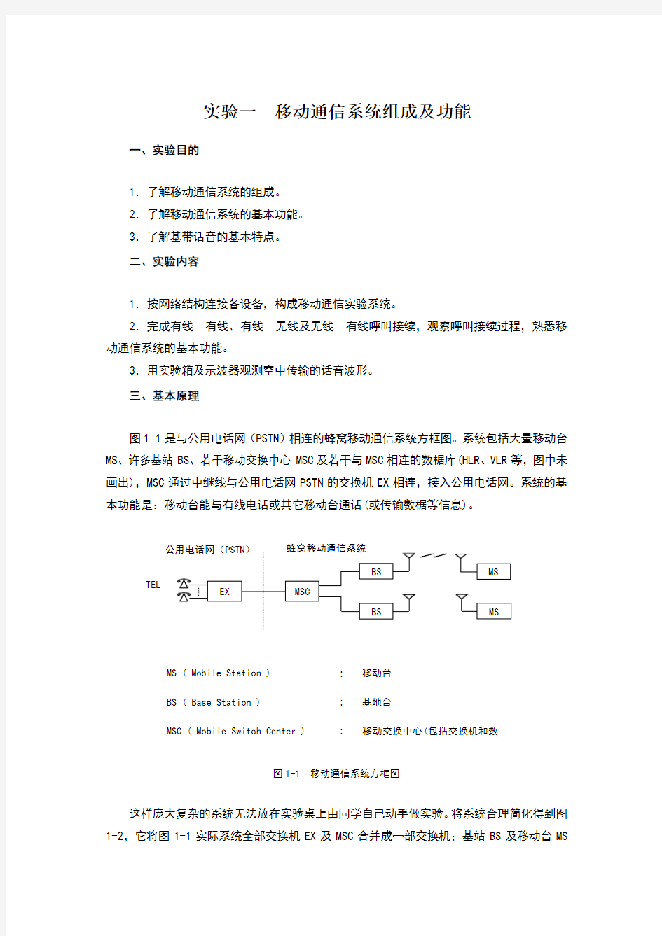 实验一移动通信系统组成及功能