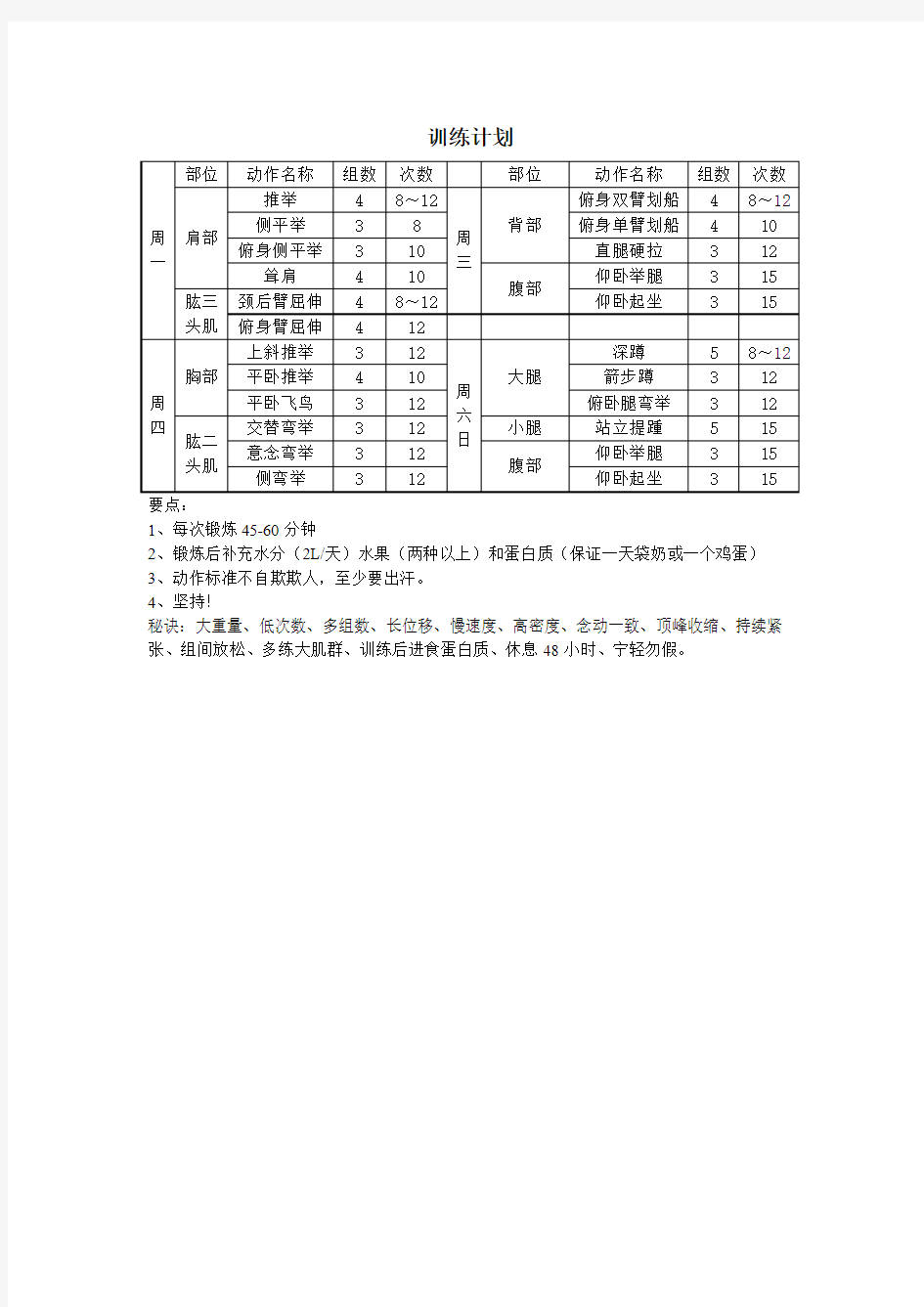 个人家庭健身训练计划