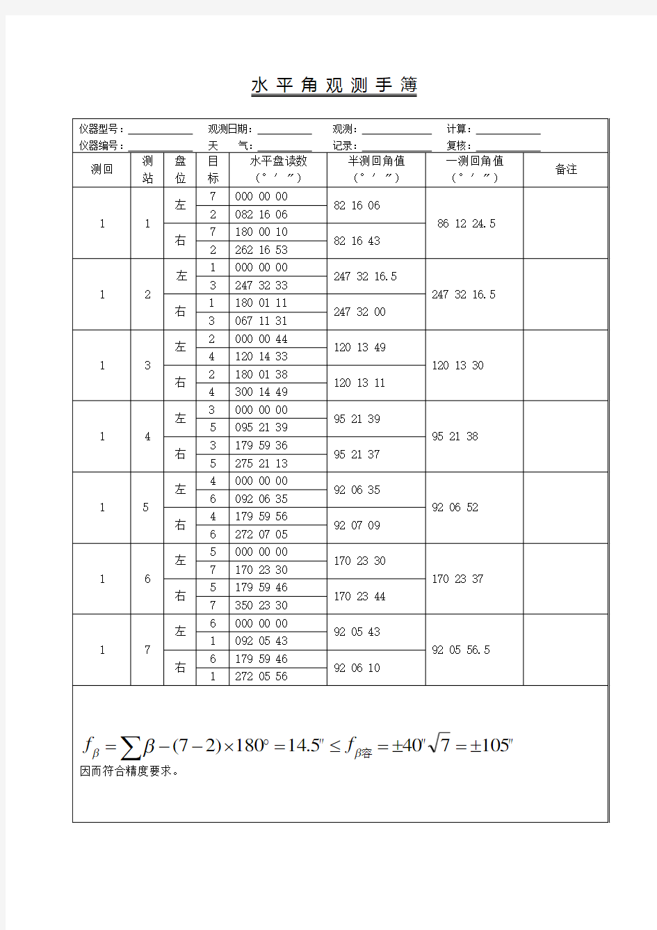 测回法水平角观测手簿计算表