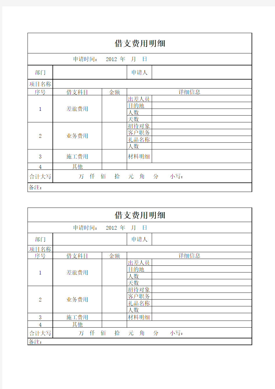 借支费用明细表模板