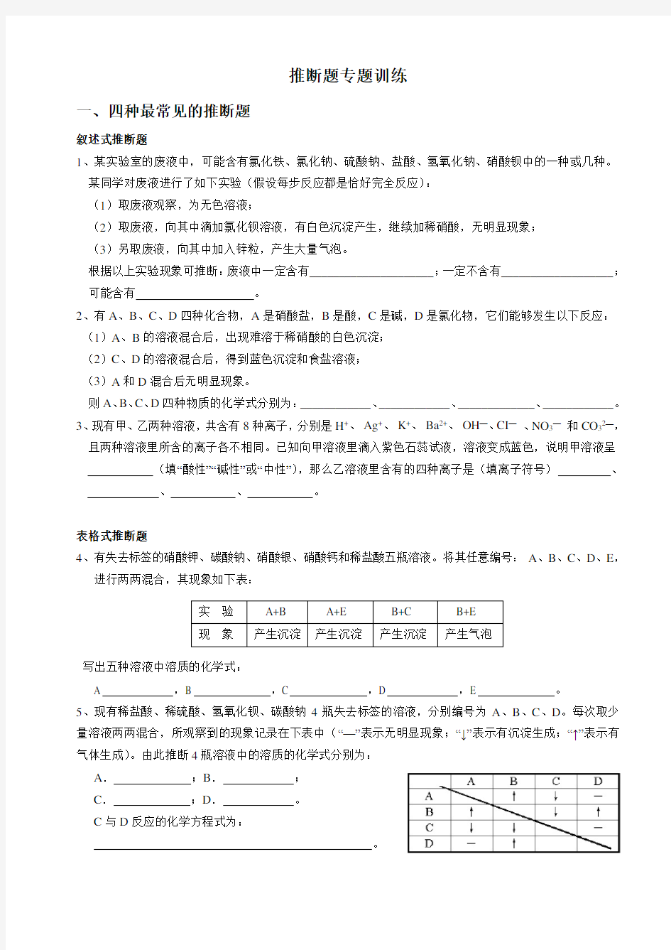 九年级化学推断题专题训练(人教版)