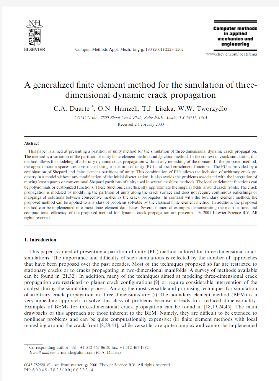 A generalized Finite element method for the simulation of 3D dynamic crack propagation