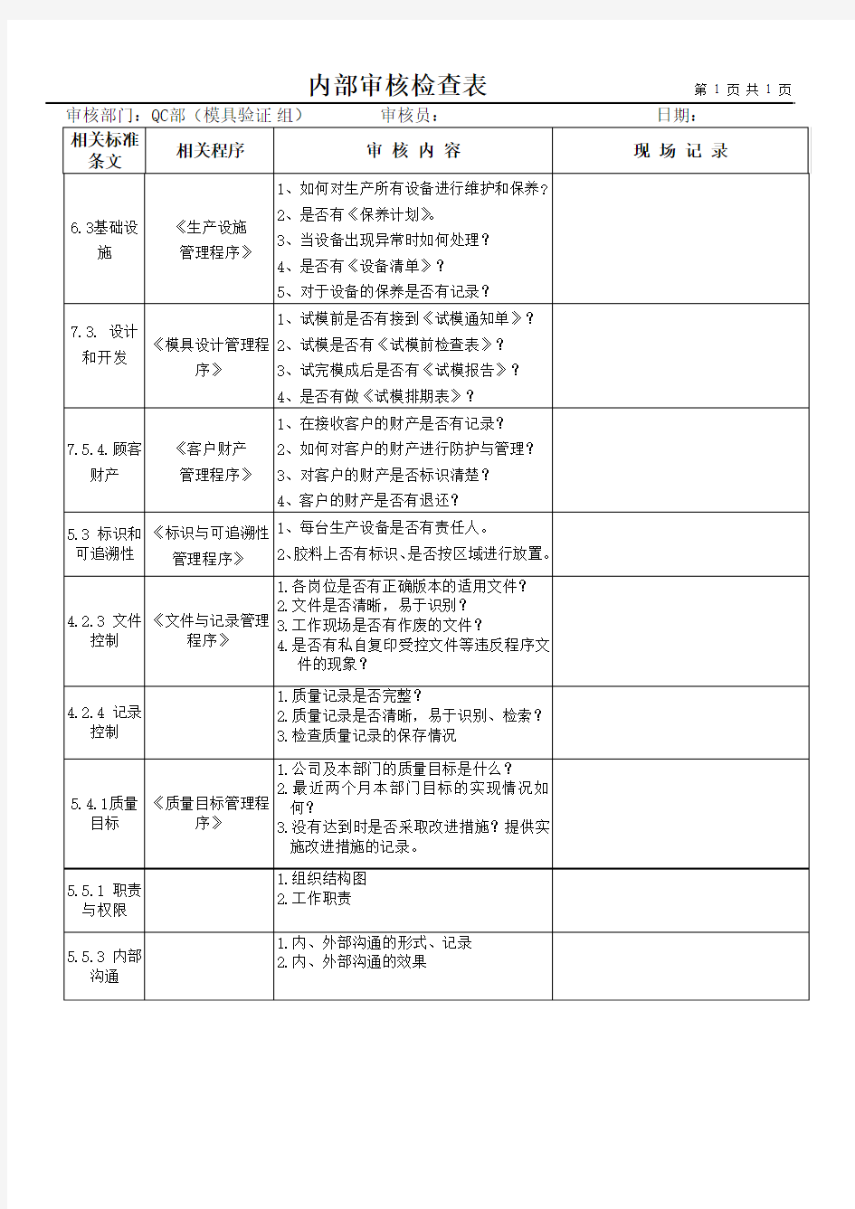 内部审核检查表(模具验证组)