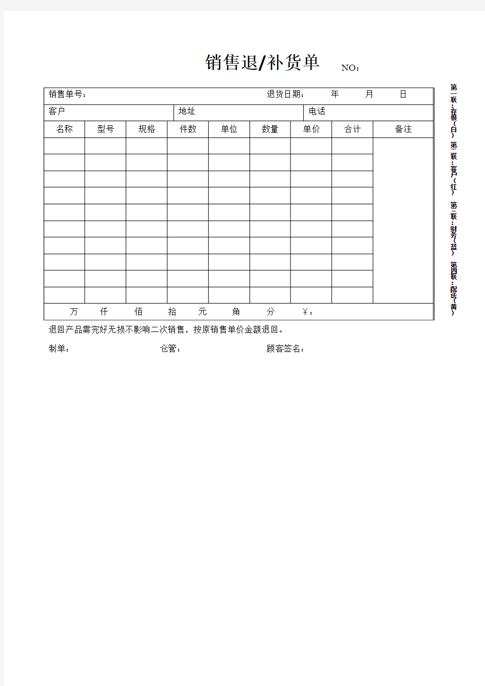 销售退补货单