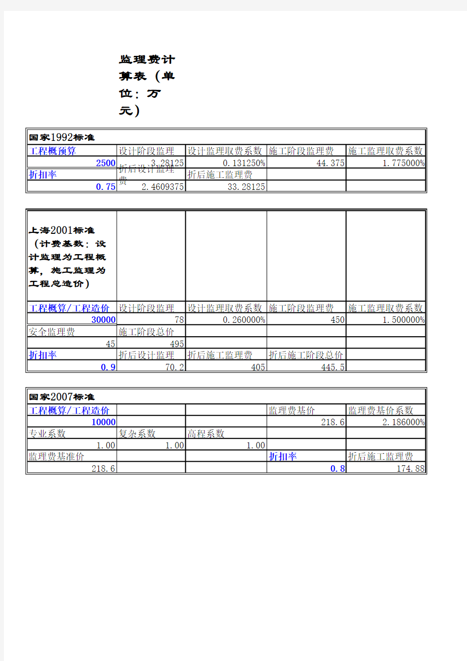 监理费计算公式