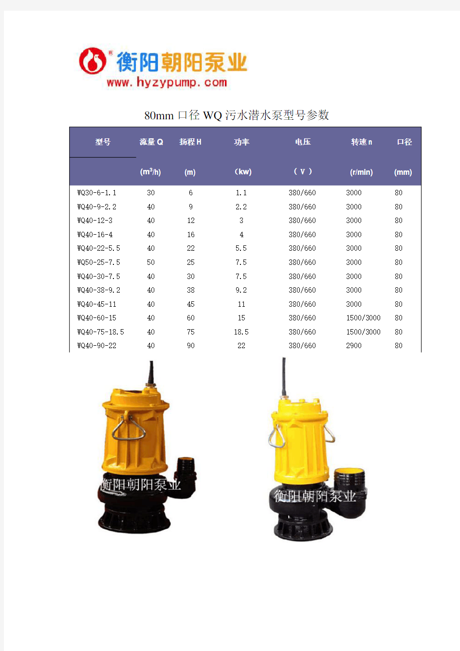 80mm口径WQ污水潜水泵型号参数(衡阳朝阳泵业)