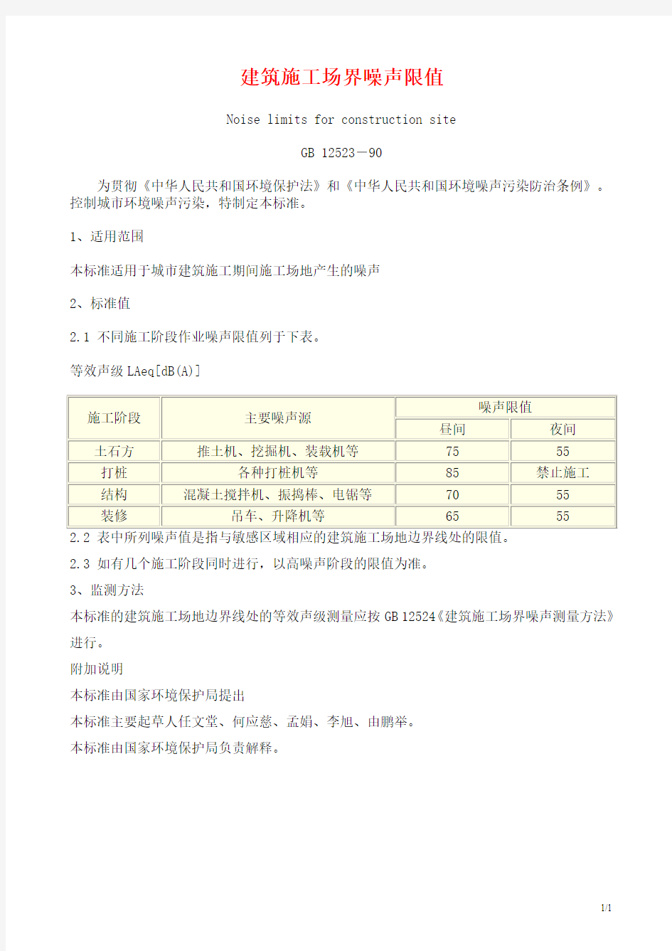 建筑施工场界噪声限值GB12523-90