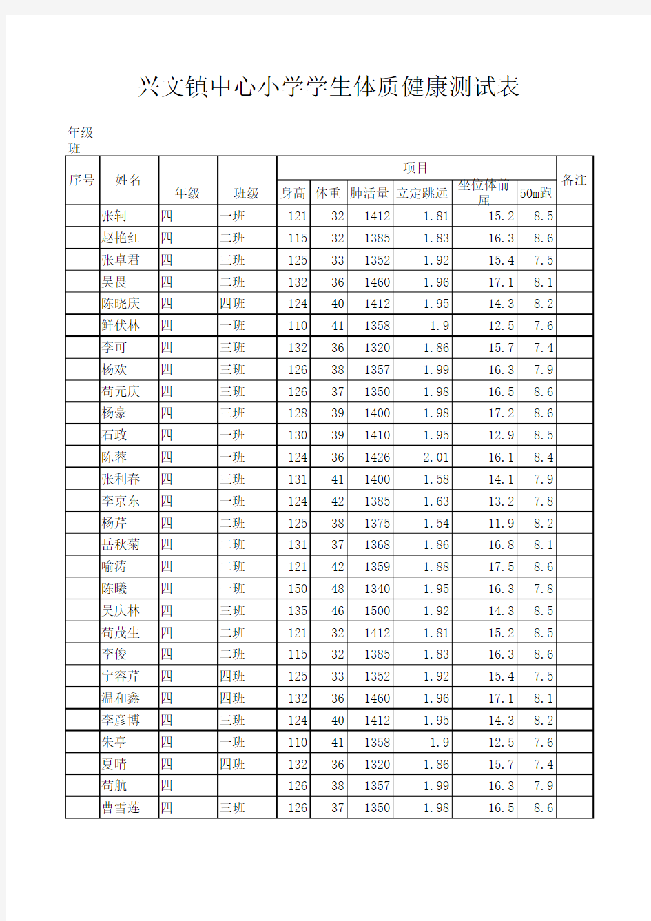 学生体质健康测试表