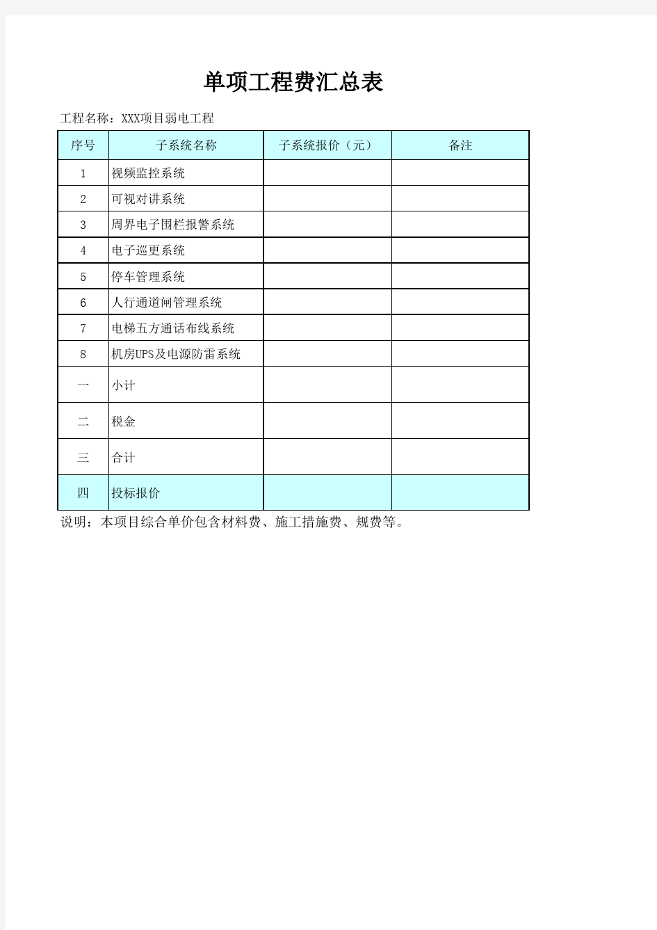 弱电系统工程设备清单汇总表