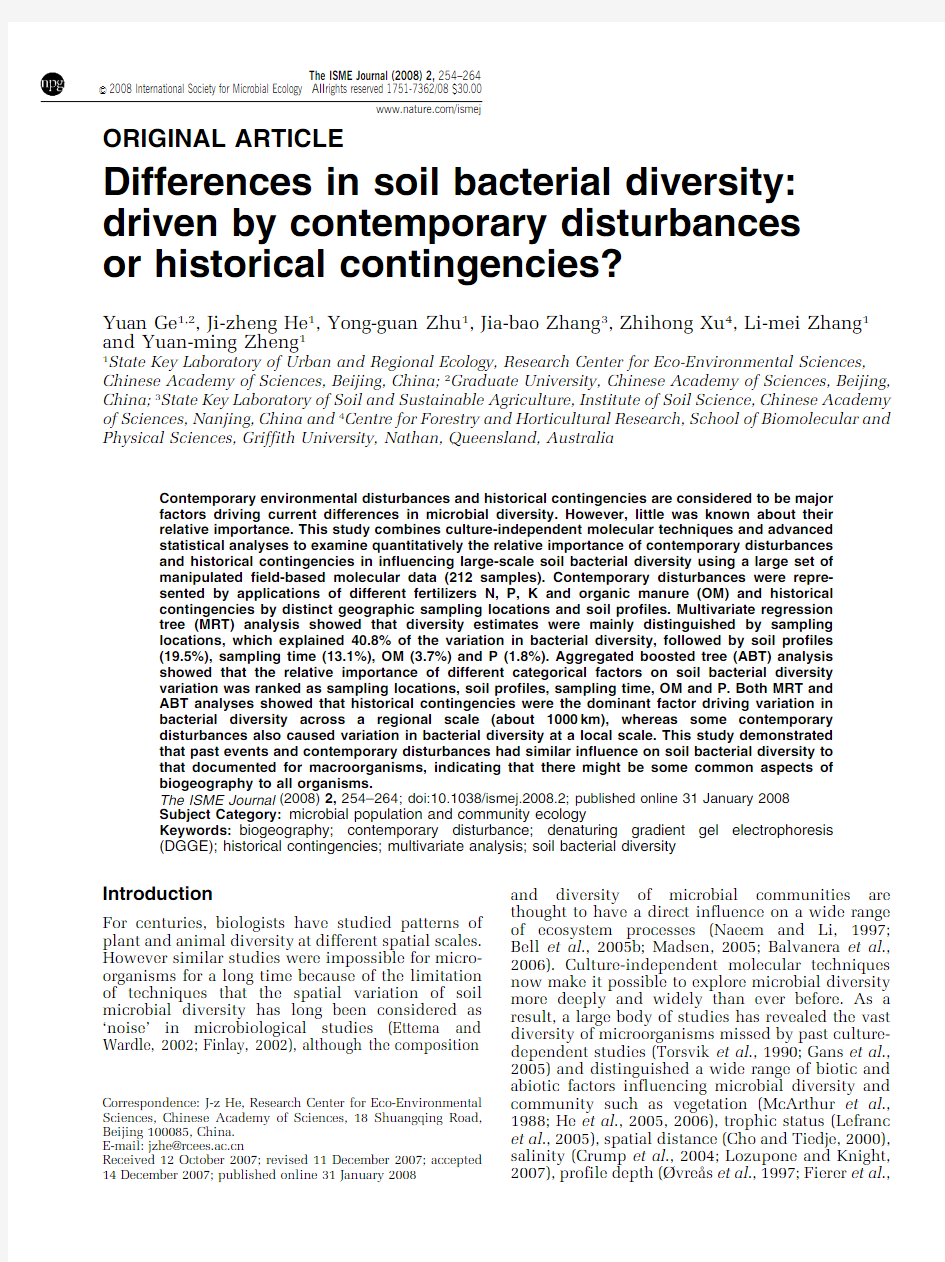 differences in soil bacterial diversity driven by contemporary disturbances or historical contigenci