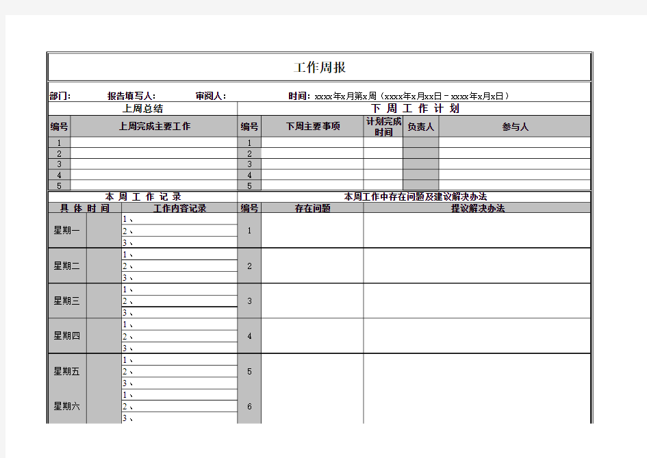 工作周报报表常用格式