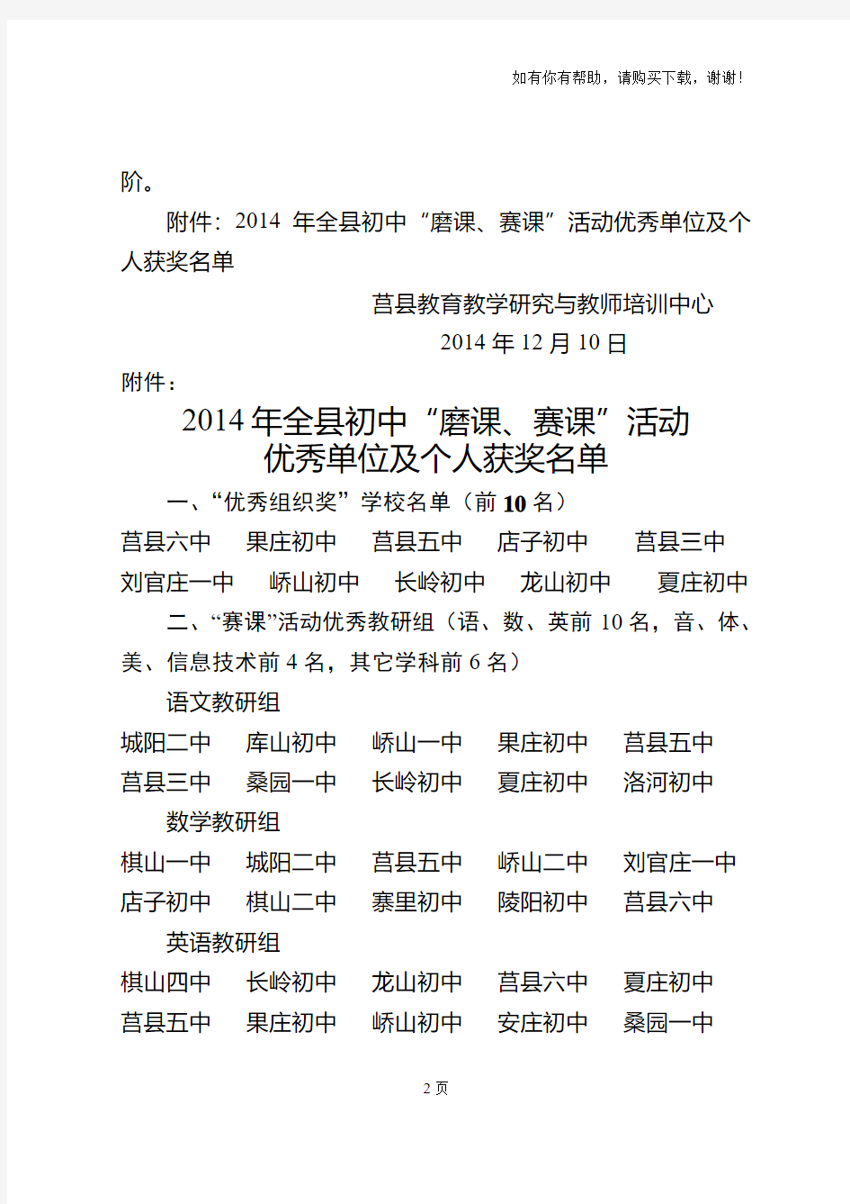 关于表彰“磨课、赛课”活动优秀单位及个人的决定