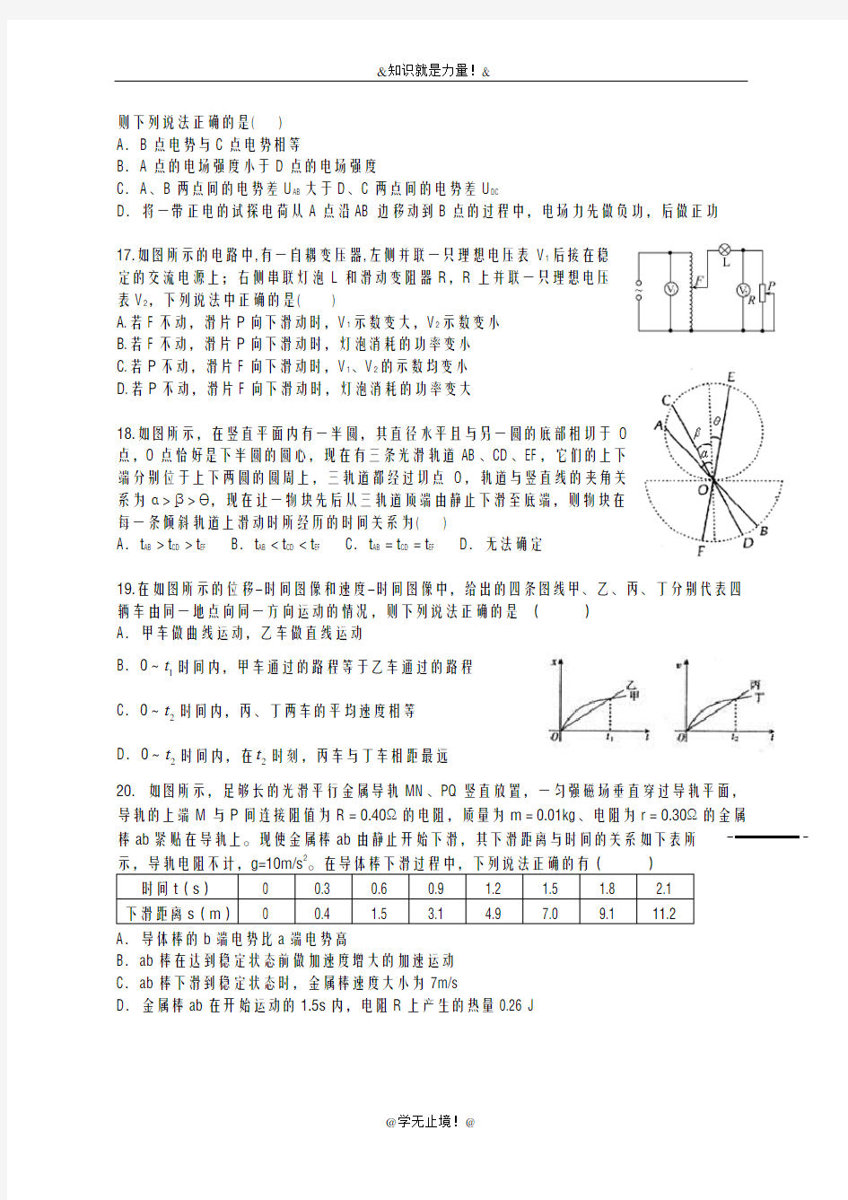 2020-2021学年高考理综(物理)质量检测试题及答案解析