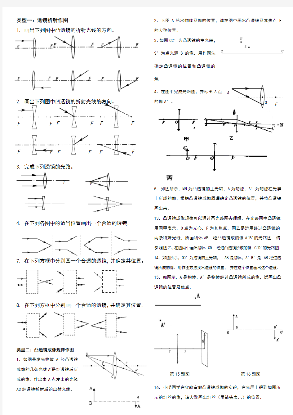 凸透镜成像作图及练习题