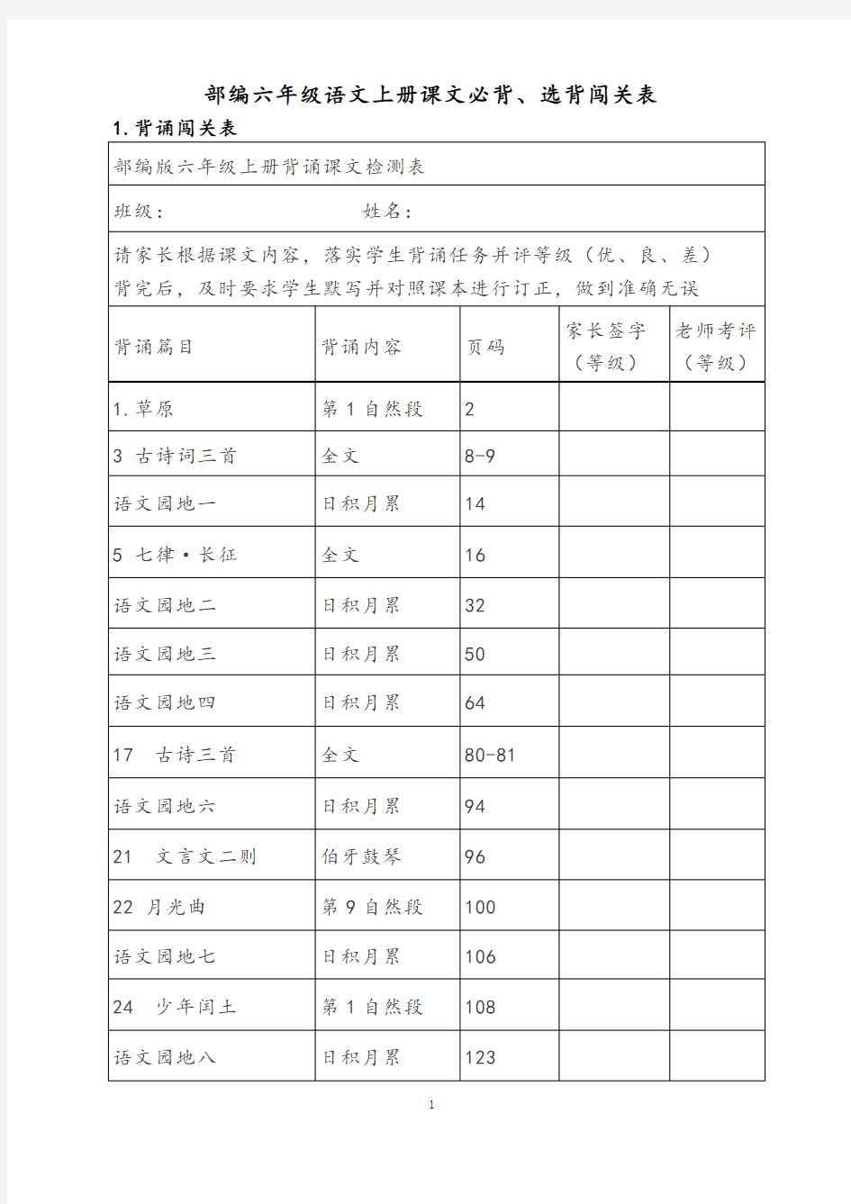 (完整版)部编六年级语文上册课文必背