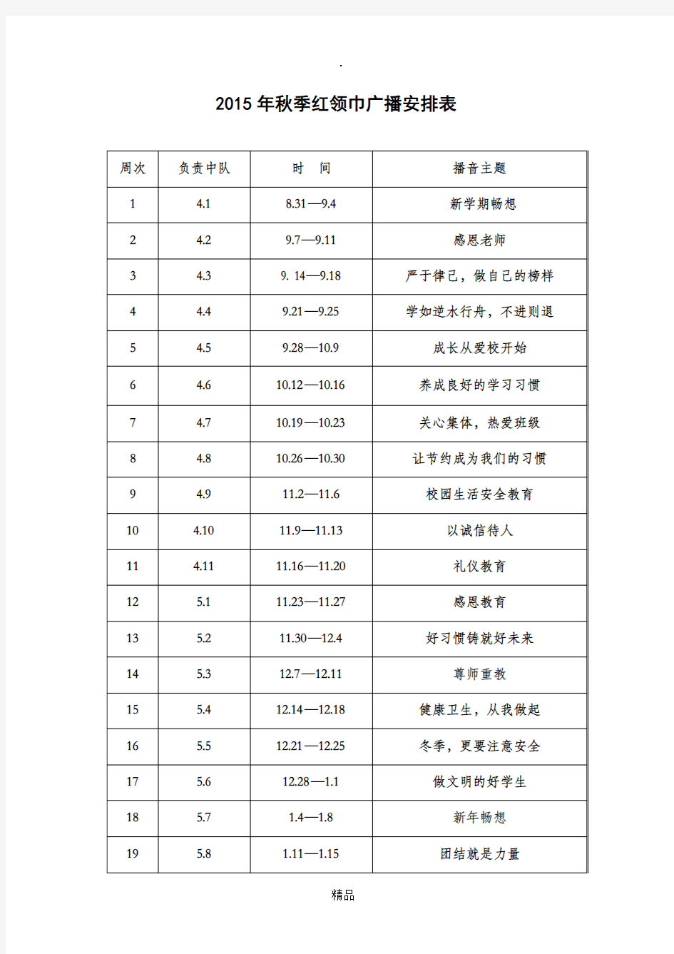 201x红领巾广播安排表和实施方案