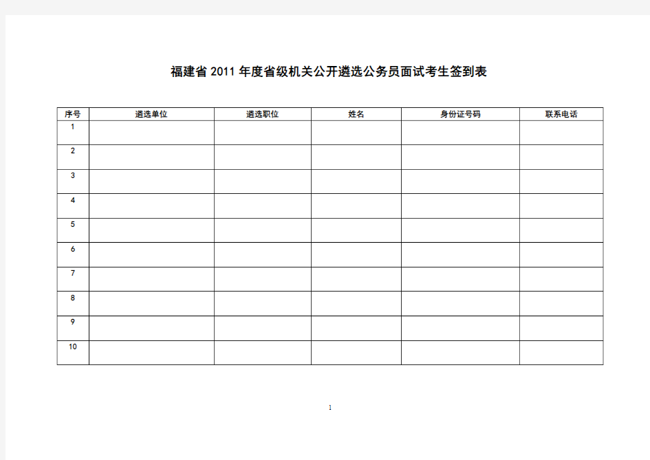 福建2011级机关公开遴选公务员面试考生签到表