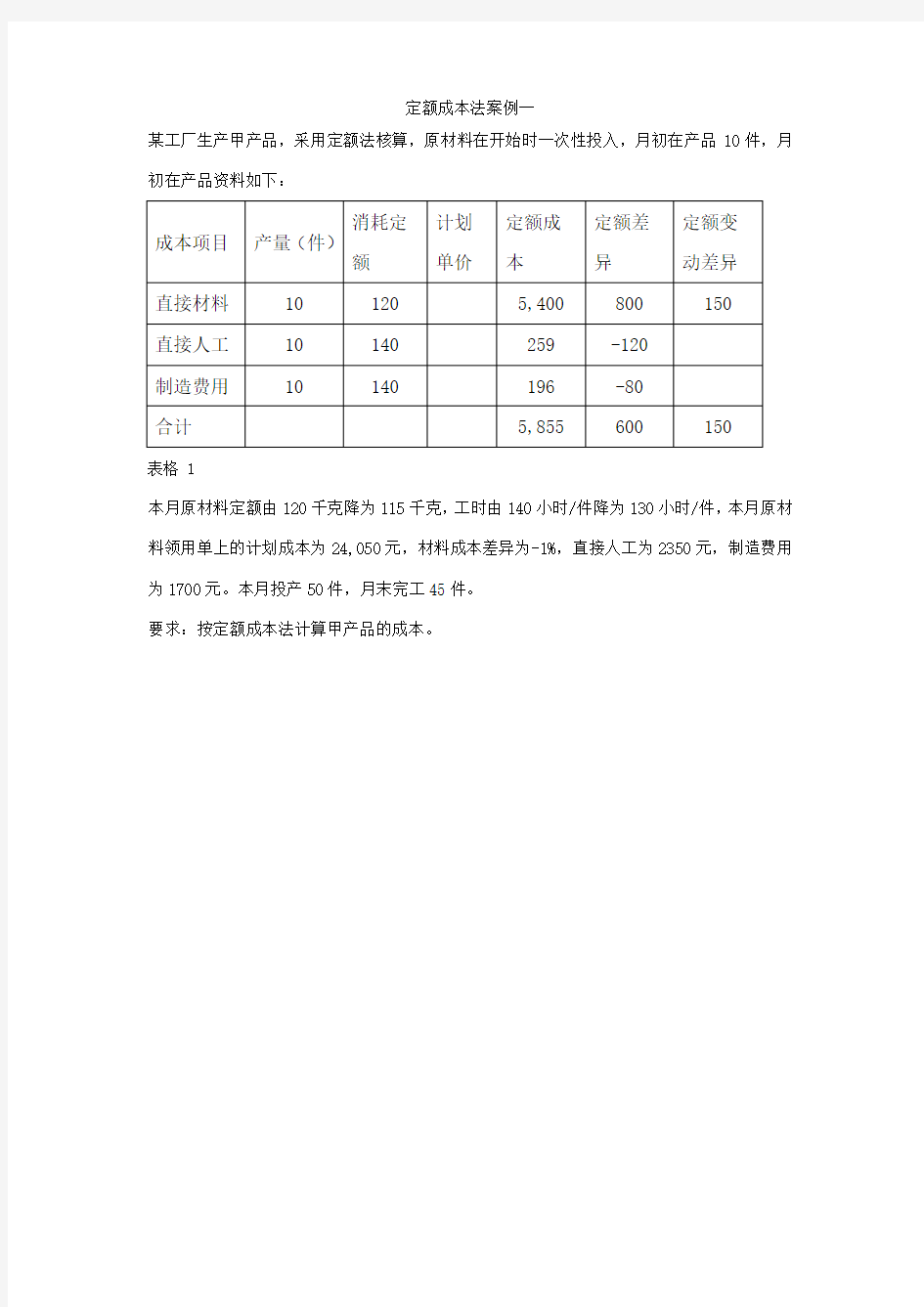 成本会计定额成本法案例一