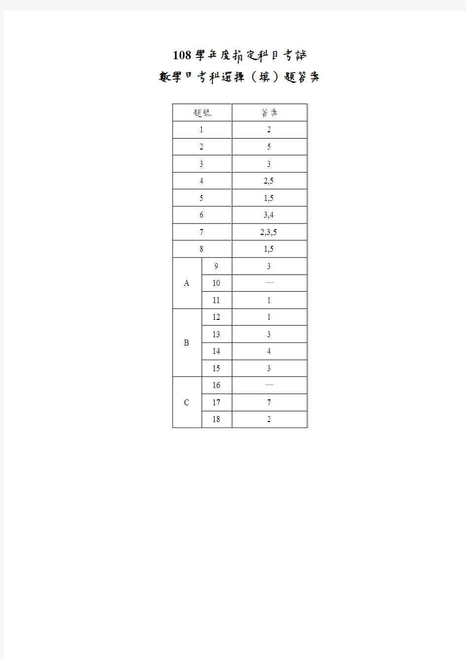 2019台湾大学入学考试试题答案03-108指考数学甲选择(填)题答案