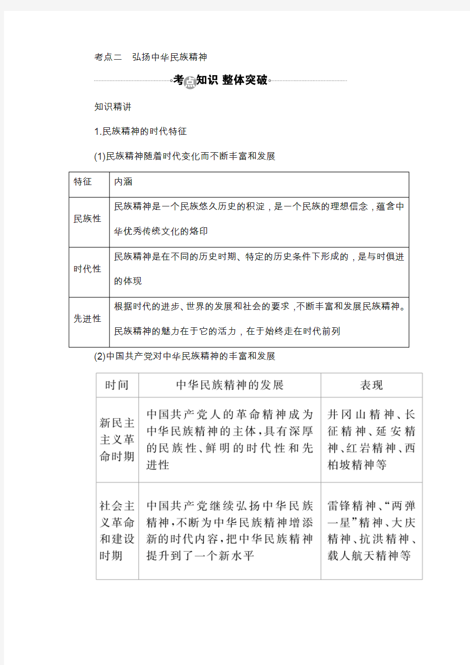 2018届高考政治复习教案：必修3第7课考点二 弘扬中华民族精神含答案