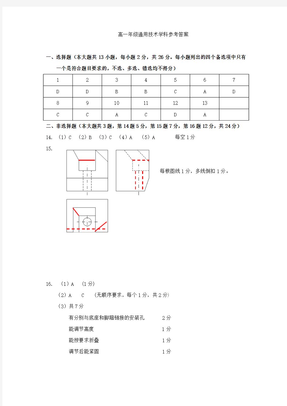 浙江省温州市新力量联盟2018-2019学年高一上学期期末考试技术-通用技术答案