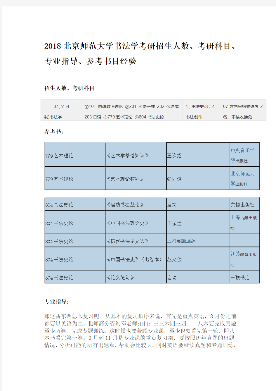 2018北京师范大学书法学考研招生人数、考研科目、专业指导、参考书目经验