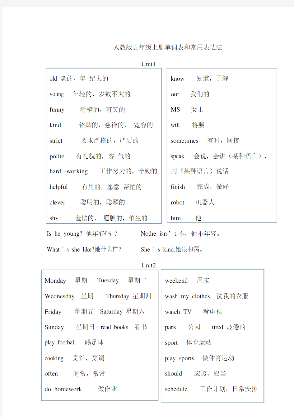 新人教版五年级英语上册单词表