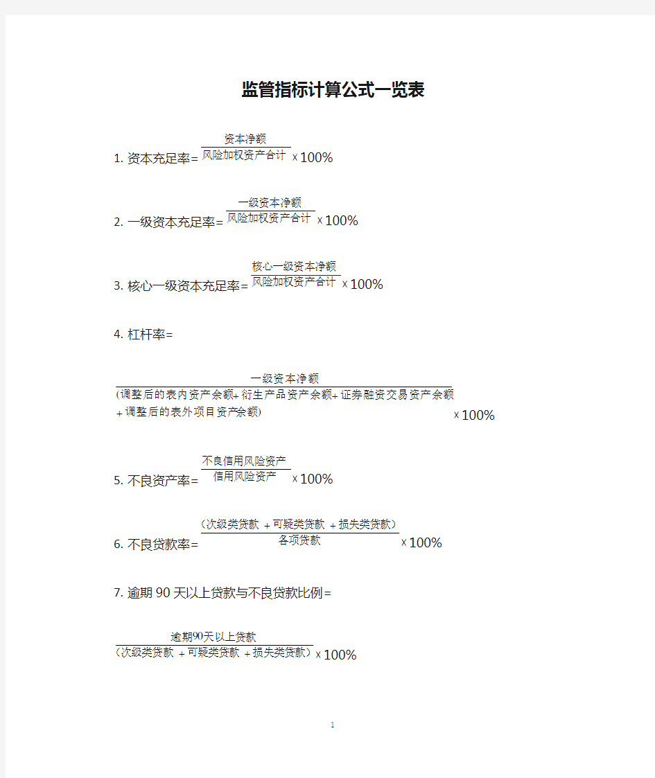 监管指标计算公式一览表